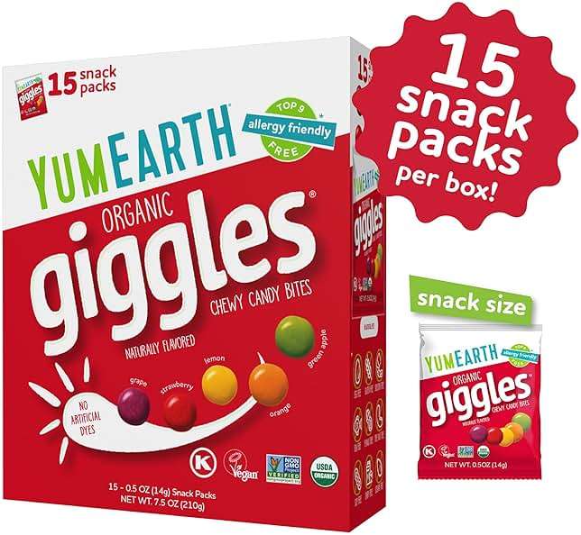 YumEarth Organic Giggles Chewy Candy – Allergy Friendly, No Artificial Dyes, Non GMO, Gluten Free, Fruit Flavored, Vegan Candy Snacks 0.5 oz (Box of 15) - Image 3