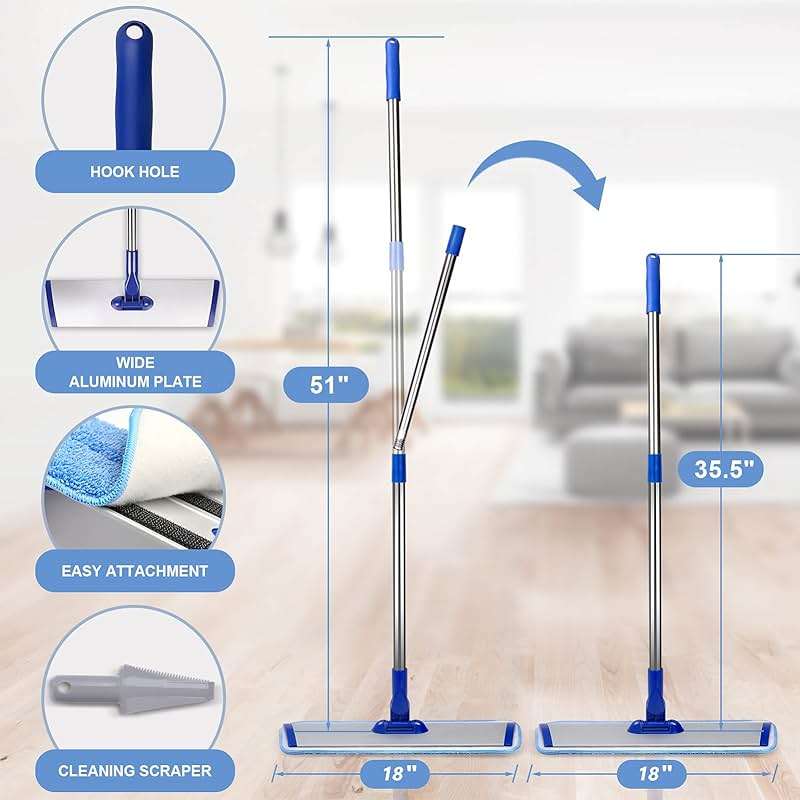18" Professional Microfiber Mop Floor Cleaning System, Flat Mop with Stainless Steel Handle, 4 Reusable Washable Mop Pads, Wet and Dust Mopping for Hardwood, Vinyl, Laminate, Tile Cleaning - Image 4