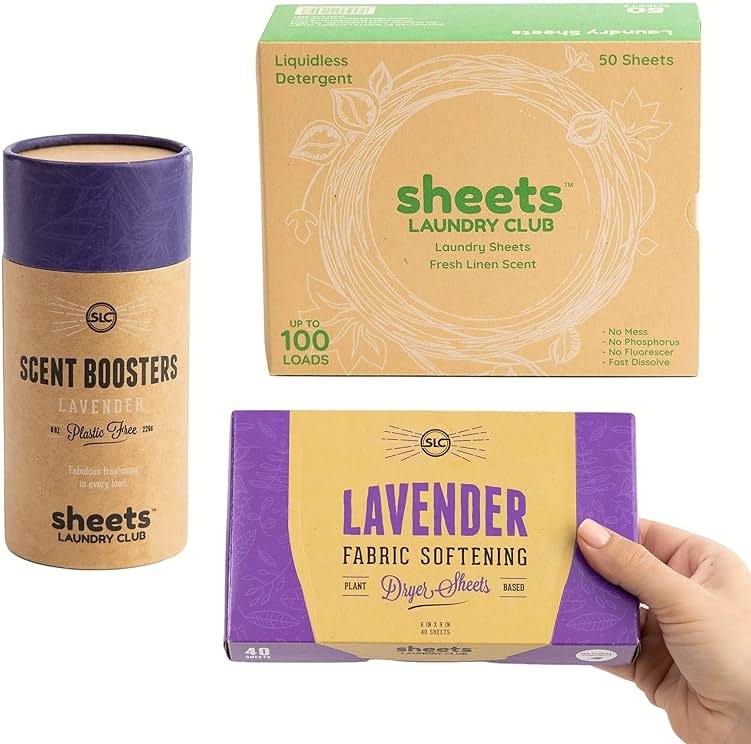 Sheets Laundry Club Bundle - 50 Pack (up to 100 loads) Fresh Linen Detergent Sheets, 40 Pack Lavender Dryer Sheets & 8 Oz. Lavender Scent Booster - New Liquidless Technology - Product Image