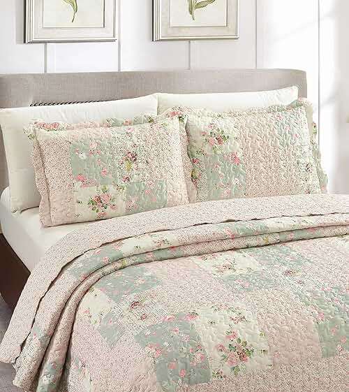 Brilliant Sunshine Rose and Sage Quilt Set, 3-Piece Bedding Sets, Traditional Patchwork Design, Washable and Reversible Bedspread, Soft Lightweight Coverlet, All-Season, Full/Queen, Light Pink Green - Image 3