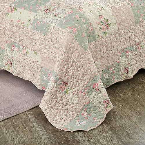 Brilliant Sunshine Rose and Sage Quilt Set, 3-Piece Bedding Sets, Traditional Patchwork Design, Washable and Reversible Bedspread, Soft Lightweight Coverlet, All-Season, Full/Queen, Light Pink Green - Image 6