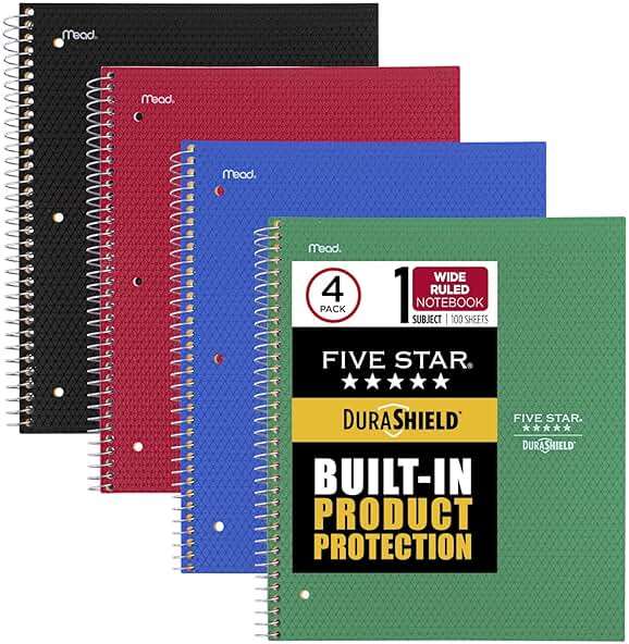 Five Star Spiral Notebook with DuraShield Cover, 4 Pack, 1 Subject, Wide Ruled Paper, 8" x 10-1/2", 100 Sheets, Assorted Colors (930021-ECM) - Image 1