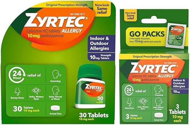 Zyrtec Allergy Medicine, 24-Hour Allergy Relief, Cetirizine Tablets for Symptoms Like Sneezing, Runny Nose, Itchy, Watery Eyes, Bundle Pack 30-Count Plus 3x1-Count Packs - Product Image