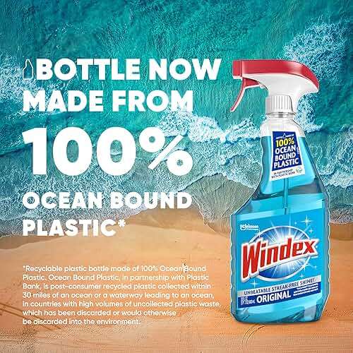 Windex Glass and Window Cleaner Refill Bottle, Bottle Made from 100% Recycled Plastic, Original Blue, 32 Fl Oz (Pack of 12) - Image 2