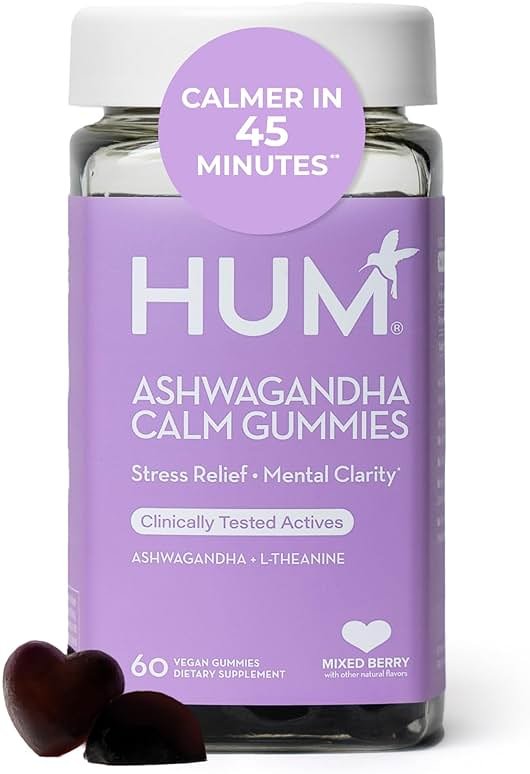HUM Calm Ashwagandha Gummies for Women and Men, L-Theanine Ashwagandha Supplements for Daily Relaxation & Clarity Support, Vegan Fast Acting Gummy Formula, Mixed Berry Flavor, 60 Gummies - Product Image