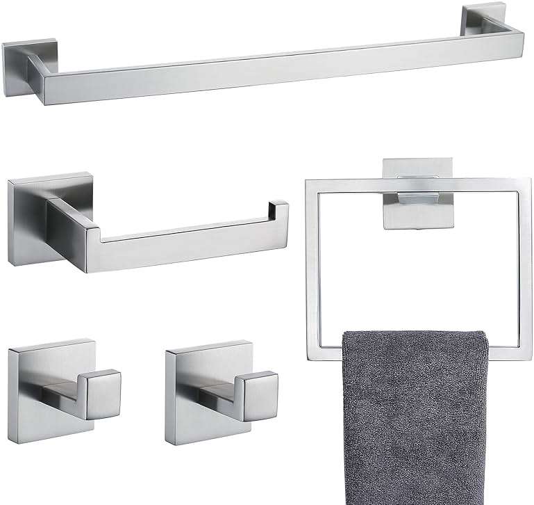 TNOMS Bathroom Towel Bar Set 5 Pieces Brushed Nickel Square Modern Bathroom Hardware Set,Stainless Steel Wall Mounted 23.6-Inch - Image 1