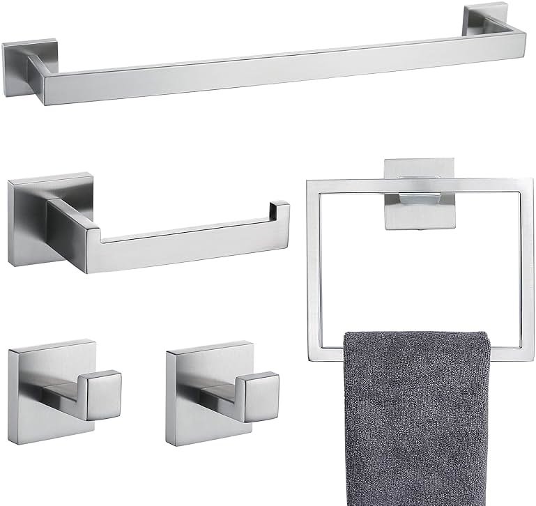 TNOMS Bathroom Towel Bar Set 5 Pieces Brushed Nickel Square Modern Bathroom Hardware Set,Stainless Steel Wall Mounted 23.6-Inch - Product Image