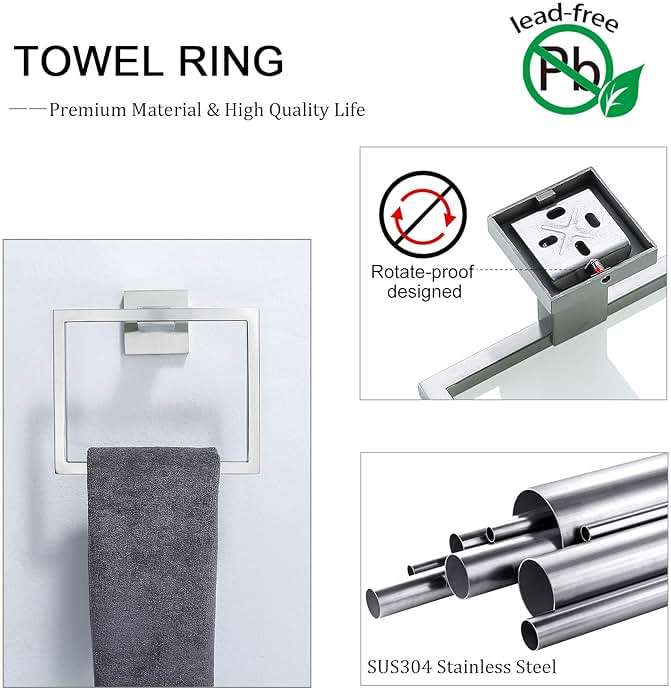 TNOMS Bathroom Towel Bar Set 5 Pieces Brushed Nickel Square Modern Bathroom Hardware Set,Stainless Steel Wall Mounted 23.6-Inch - Image 3