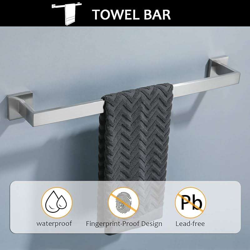 TNOMS Bathroom Towel Bar Set 5 Pieces Brushed Nickel Square Modern Bathroom Hardware Set,Stainless Steel Wall Mounted 23.6-Inch - Image 4