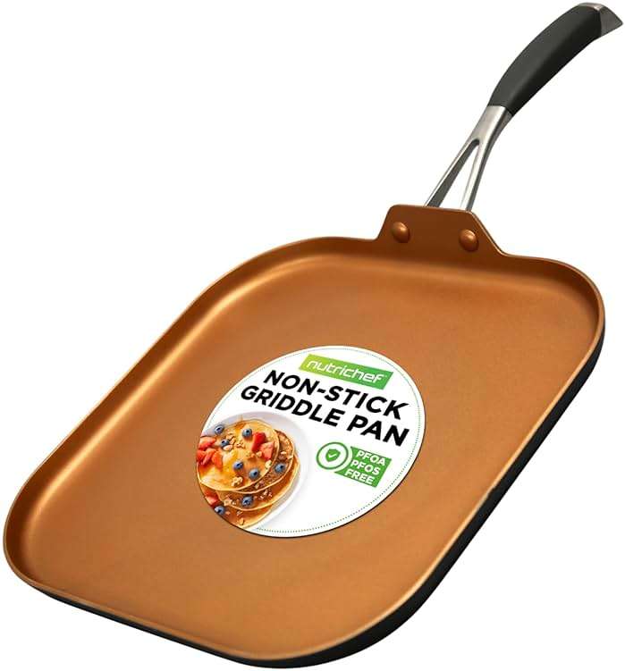 NutriChef Copper Pan Non-Stick Coating Inside, Hard-Anodized Look Heat Resistant Lacquer Outside, Silicone Handle NCSQPA, 1 Griddle - Image 1