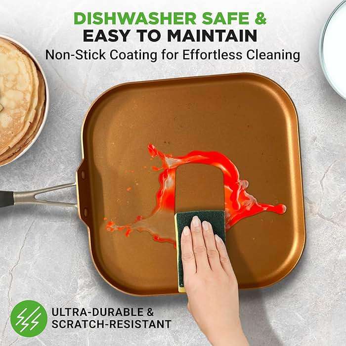 NutriChef Copper Pan Non-Stick Coating Inside, Hard-Anodized Look Heat Resistant Lacquer Outside, Silicone Handle NCSQPA, 1 Griddle - Image 7