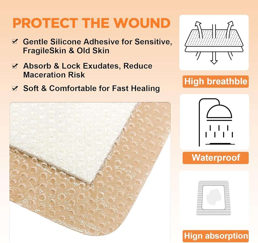 Carbou Silicone Foam Dressing with Adhesive Gentle Border,3"x3" Waterproof Wound Dressing Bandage,High Absorbency Pad, Foam Bandage for Wound Care 10 Pack - Image 5