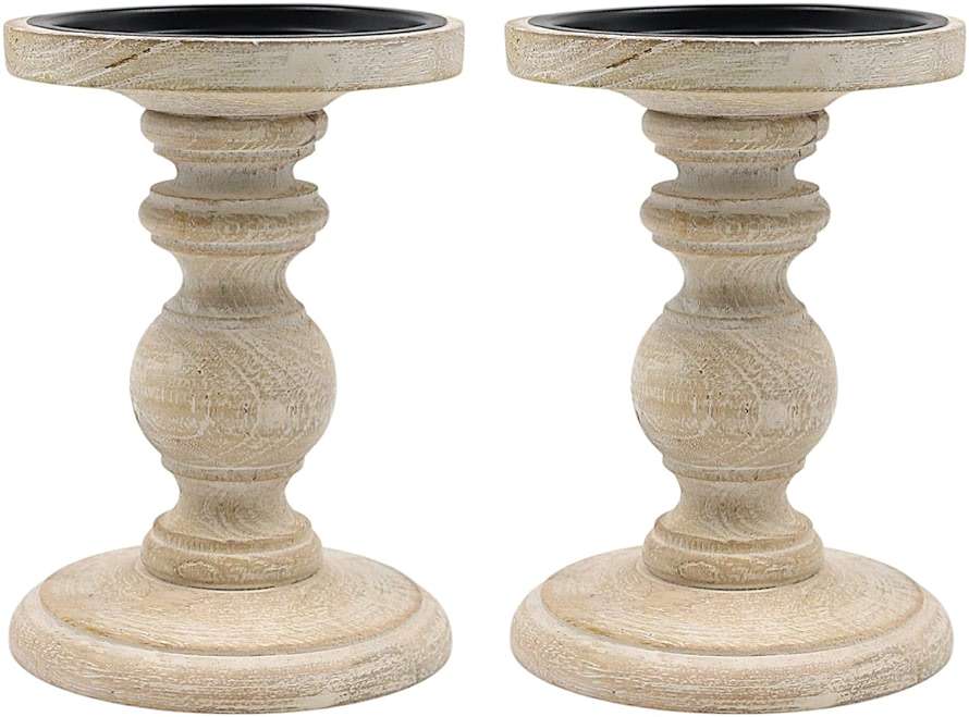 Hosley Set of 2 Antique White Wooden Pillar Candle Holder Country Style 7 Inch High Ideal Gift for Wedding Party Special Occasion or as a Candle Holder - Image 1