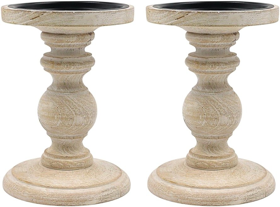 Hosley Set of 2 Antique White Wooden Pillar Candle Holder Country Style 7 Inch High Ideal Gift for Wedding Party Special Occasion or as a Candle Holder - Product Image