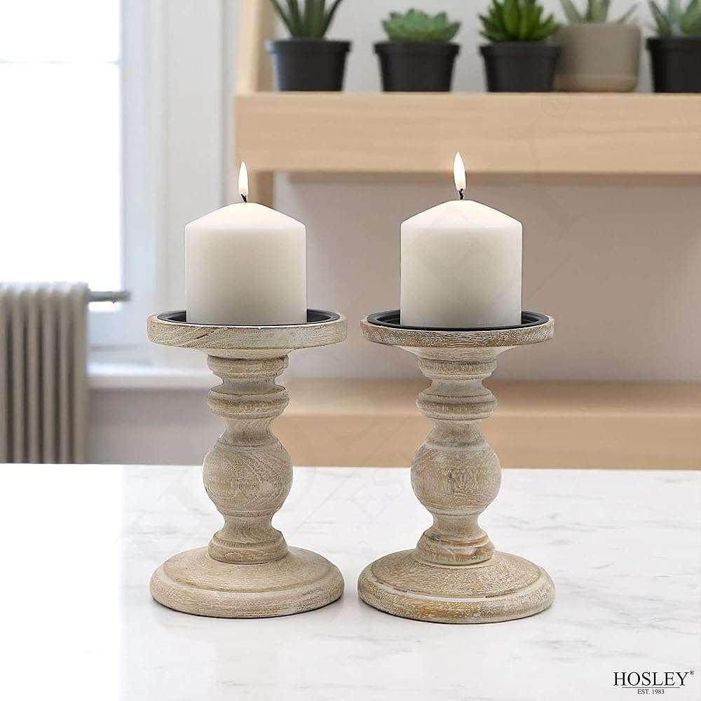Hosley Set of 2 Antique White Wooden Pillar Candle Holder Country Style 7 Inch High Ideal Gift for Wedding Party Special Occasion or as a Candle Holder - Image 2