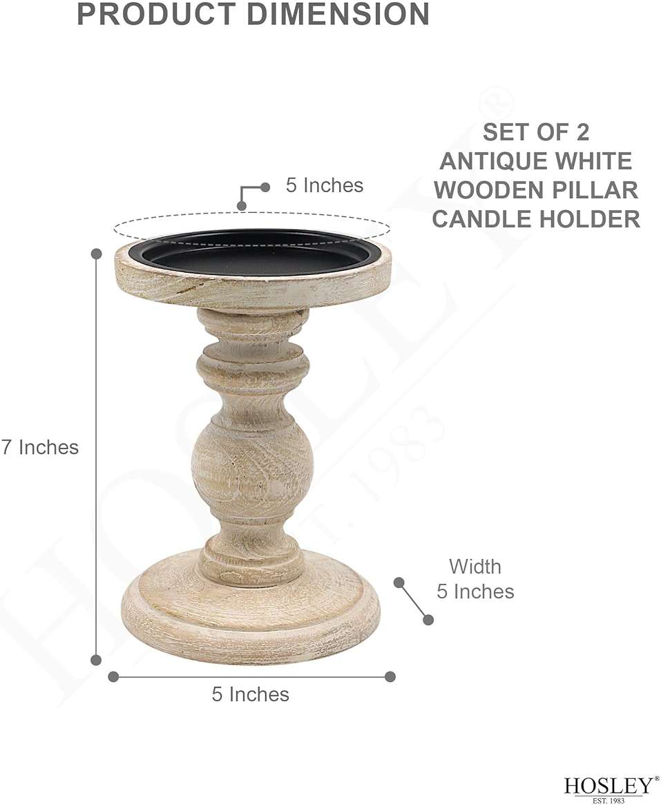 Hosley Set of 2 Antique White Wooden Pillar Candle Holder Country Style 7 Inch High Ideal Gift for Wedding Party Special Occasion or as a Candle Holder - Image 3
