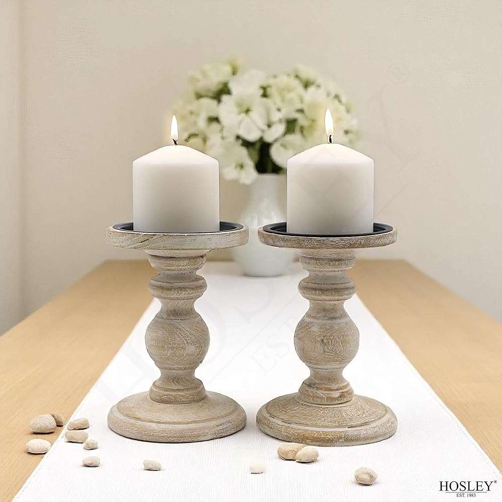 Hosley Set of 2 Antique White Wooden Pillar Candle Holder Country Style 7 Inch High Ideal Gift for Wedding Party Special Occasion or as a Candle Holder - Image 5