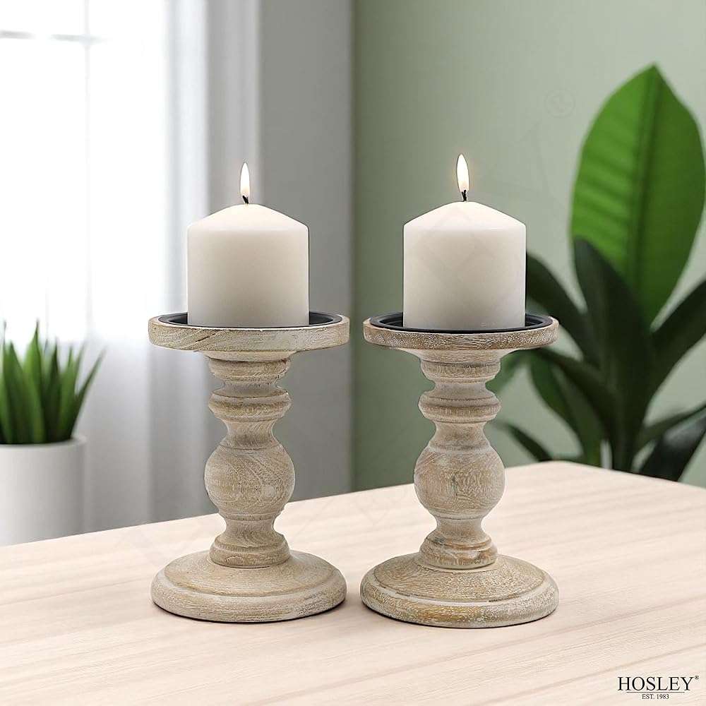 Hosley Set of 2 Antique White Wooden Pillar Candle Holder Country Style 7 Inch High Ideal Gift for Wedding Party Special Occasion or as a Candle Holder - Image 7
