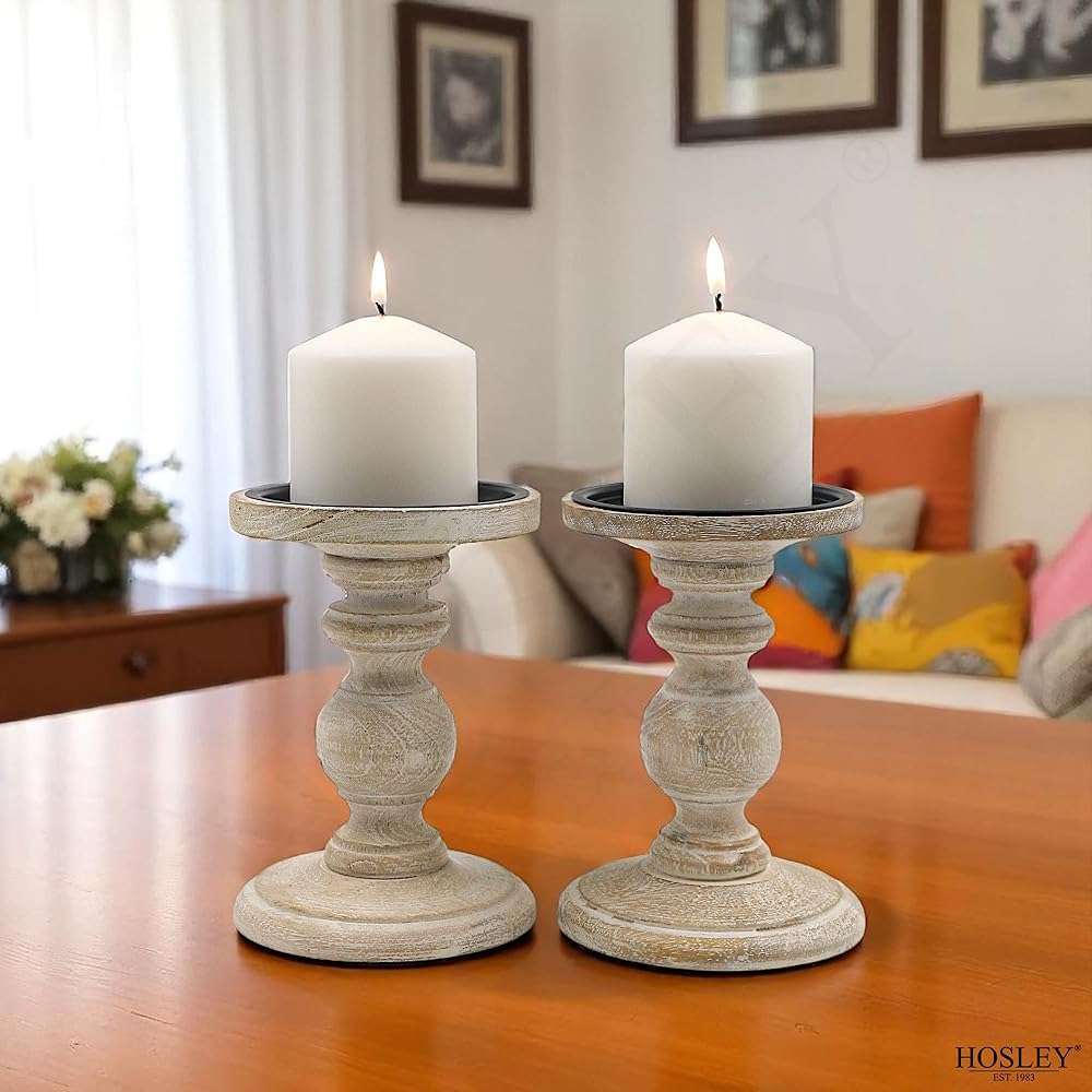 Hosley Set of 2 Antique White Wooden Pillar Candle Holder Country Style 7 Inch High Ideal Gift for Wedding Party Special Occasion or as a Candle Holder - Image 8