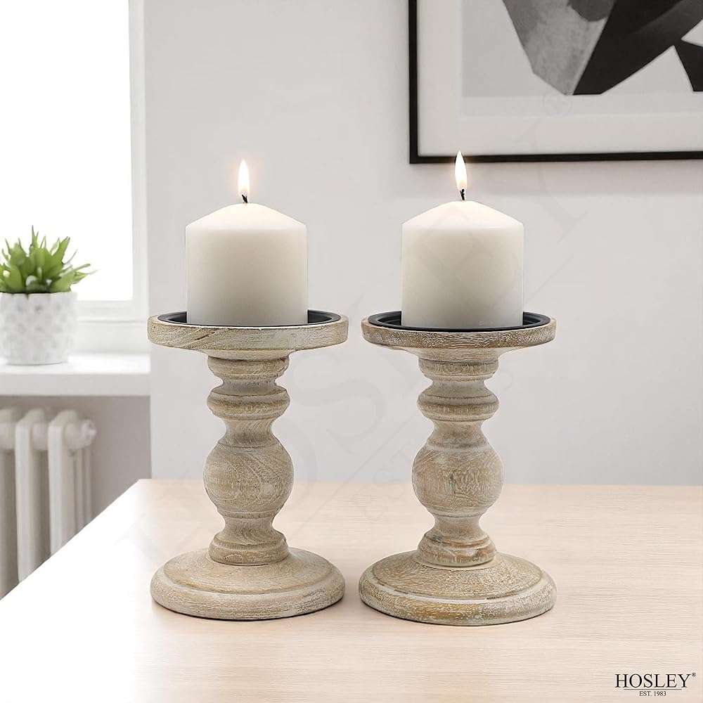 Hosley Set of 2 Antique White Wooden Pillar Candle Holder Country Style 7 Inch High Ideal Gift for Wedding Party Special Occasion or as a Candle Holder - Image 9