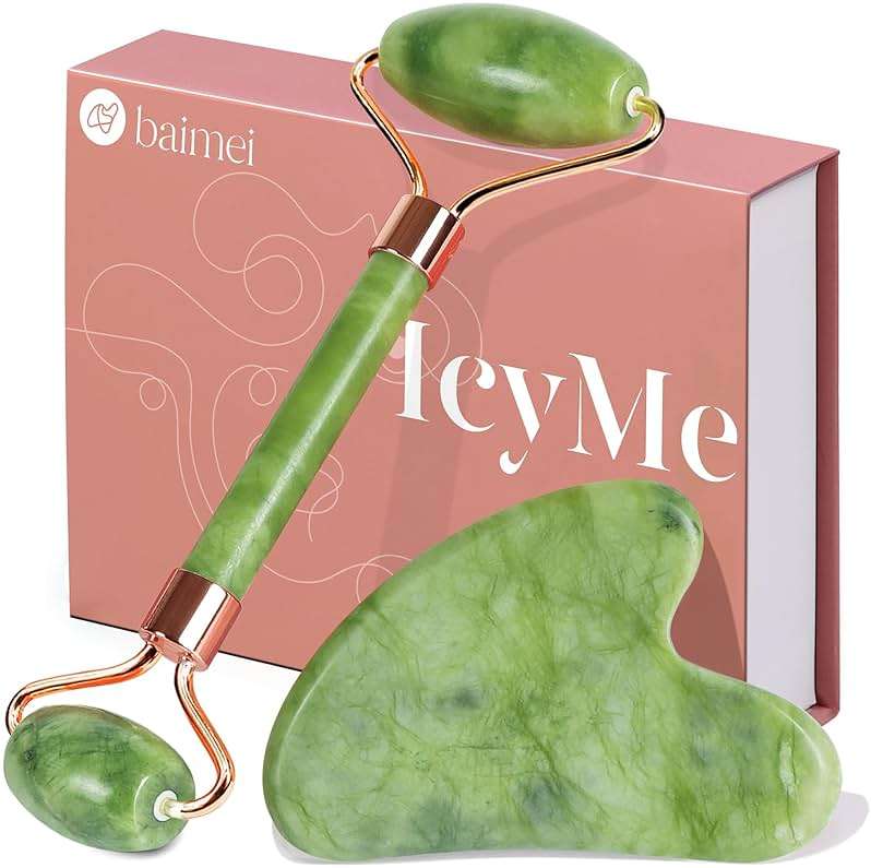 BAIMEI IcyMe Gua Sha & Jade Roller Facial Tools Face Roller and Gua Sha Set for Puffiness and Redness Reducing Skin Care Routine, Self Care for Men Women - Green - Image 1