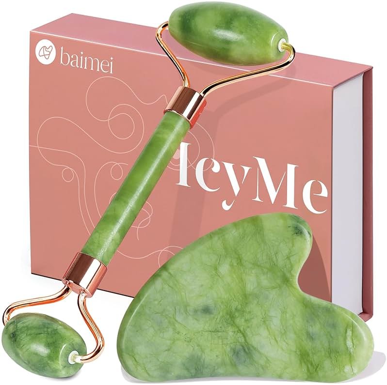 BAIMEI IcyMe Gua Sha & Jade Roller Facial Tools Face Roller and Gua Sha Set for Puffiness and Redness Reducing Skin Care Routine, Self Care for Men Women - Green - Product Image
