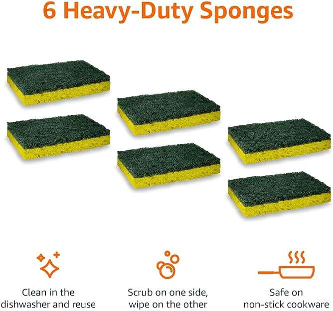 Amazon Basics Heavy Duty Dual-Sided Scrub Sponges, Reusable, 4.4 x 2.7 x 0.8 in, Yellow/Green, 6-Pack - Image 2