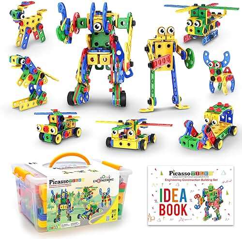 PicassoTiles 201pc STEM Learning Block Construction Kit with Power Drill and Clickable Ratchet Educational Engineering Toy Set Kids Age 3 Plus Preschool Activity Creative Play with Idea Book PTN201 - Image 1