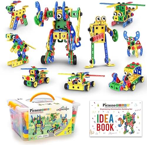 PicassoTiles 201pc STEM Learning Block Construction Kit with Power Drill and Clickable Ratchet Educational Engineering Toy Set Kids Age 3 Plus Preschool Activity Creative Play with Idea Book PTN201 - Product Image
