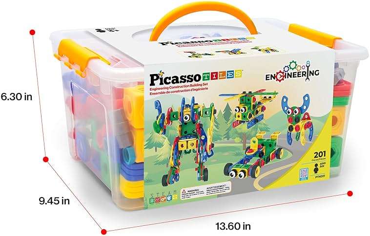 PicassoTiles 201pc STEM Learning Block Construction Kit with Power Drill and Clickable Ratchet Educational Engineering Toy Set Kids Age 3 Plus Preschool Activity Creative Play with Idea Book PTN201 - Image 3