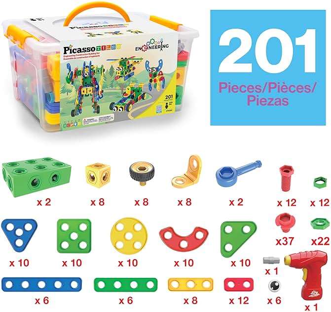 PicassoTiles 201pc STEM Learning Block Construction Kit with Power Drill and Clickable Ratchet Educational Engineering Toy Set Kids Age 3 Plus Preschool Activity Creative Play with Idea Book PTN201 - Image 4
