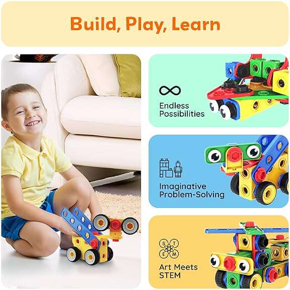 PicassoTiles 201pc STEM Learning Block Construction Kit with Power Drill and Clickable Ratchet Educational Engineering Toy Set Kids Age 3 Plus Preschool Activity Creative Play with Idea Book PTN201 - Image 5
