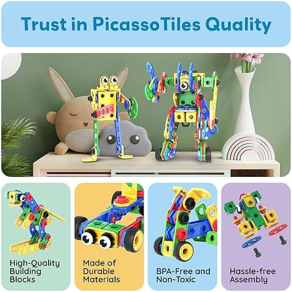 PicassoTiles 201pc STEM Learning Block Construction Kit with Power Drill and Clickable Ratchet Educational Engineering Toy Set Kids Age 3 Plus Preschool Activity Creative Play with Idea Book PTN201 - Image 9