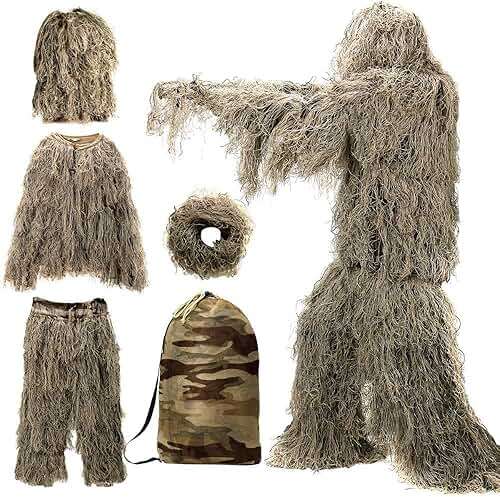 DoCred 5 in 1 Ghillie Suit, 3D Camouflage Hunting Apparel w/Jacket, Pants, Hood, Carry Bag for Adults/Youth, S/M/L/XL/XXL - Image 1