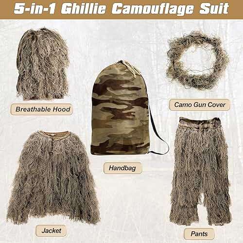 DoCred 5 in 1 Ghillie Suit, 3D Camouflage Hunting Apparel w/Jacket, Pants, Hood, Carry Bag for Adults/Youth, S/M/L/XL/XXL - Image 3