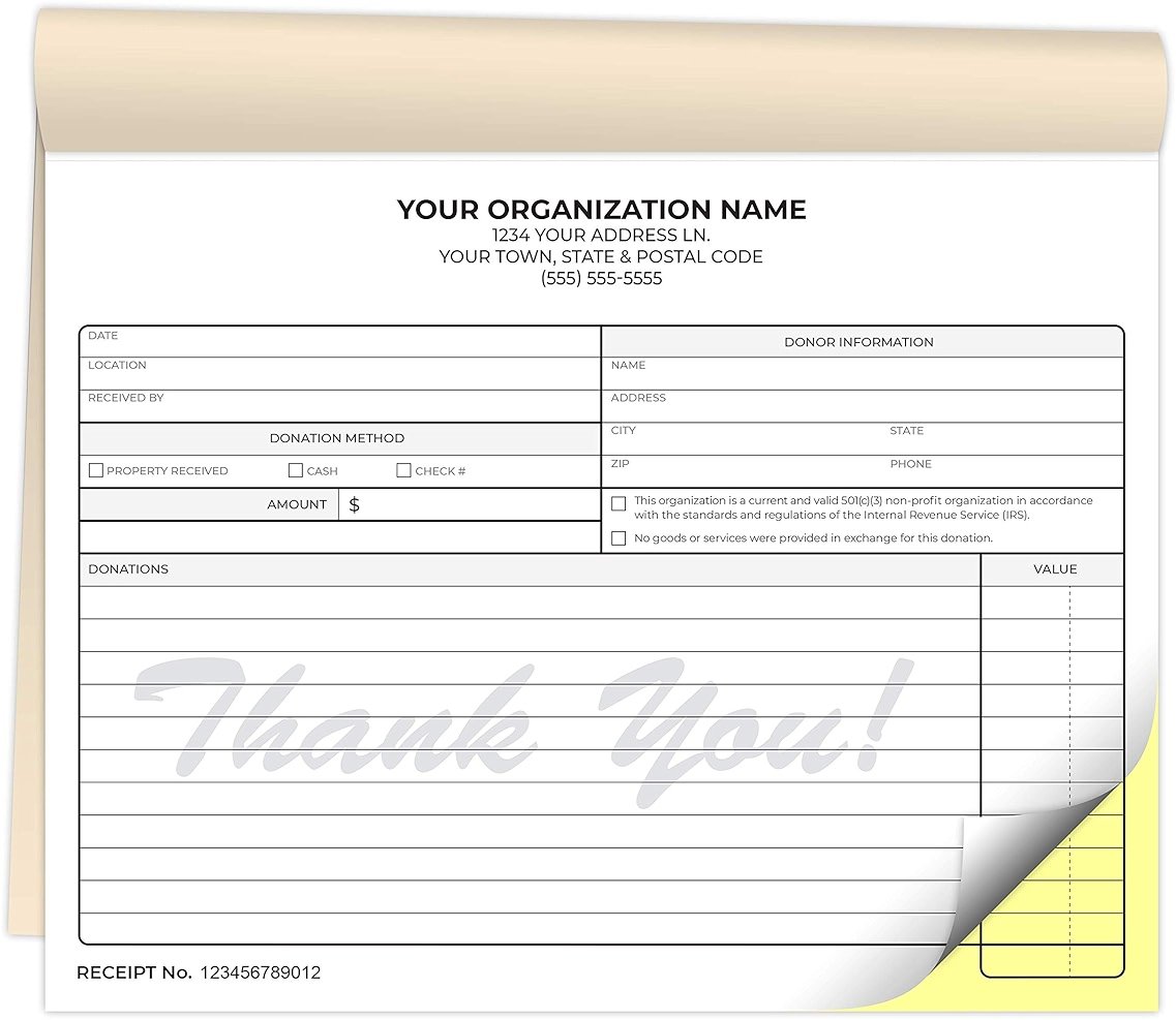 Custom Printed 8.5 x 7 inches Carbonless Non-Profit Charitable Donation Receipt Books - NCR 2-Part Staple Bound Pads with Manila Cover Personalized with Your Company Name and Number - 300 Qty - Product Image