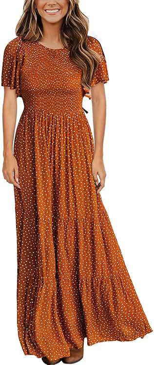 Kranda Women 2025 Summer Fall Crewneck Short Sleeve Smocked Floral Maxi Dress - Image 1
