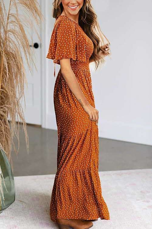 Kranda Women 2025 Summer Fall Crewneck Short Sleeve Smocked Floral Maxi Dress - Image 2