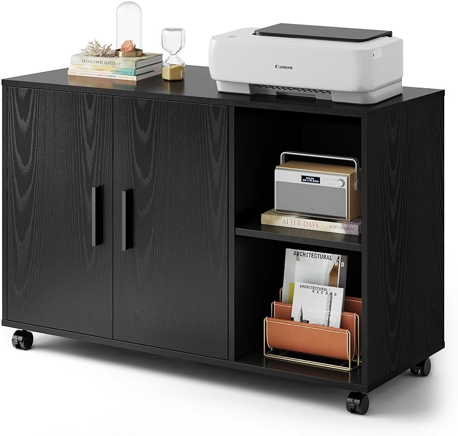 DEVAISE Office Storage Cabinet with Doors and Shelves, Lateral Printer Stand for Office Supplies and File Storage, Filing Cabinet for Home Office, Black - Product Image
