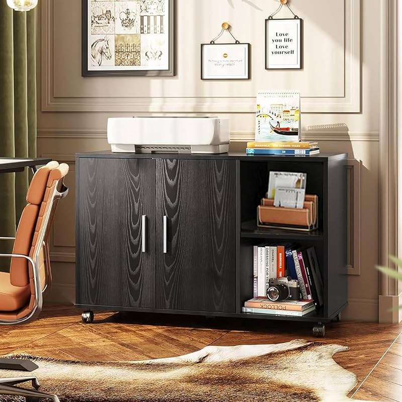 DEVAISE Office Storage Cabinet with Doors and Shelves, Lateral Printer Stand for Office Supplies and File Storage, Filing Cabinet for Home Office, Black - Image 2
