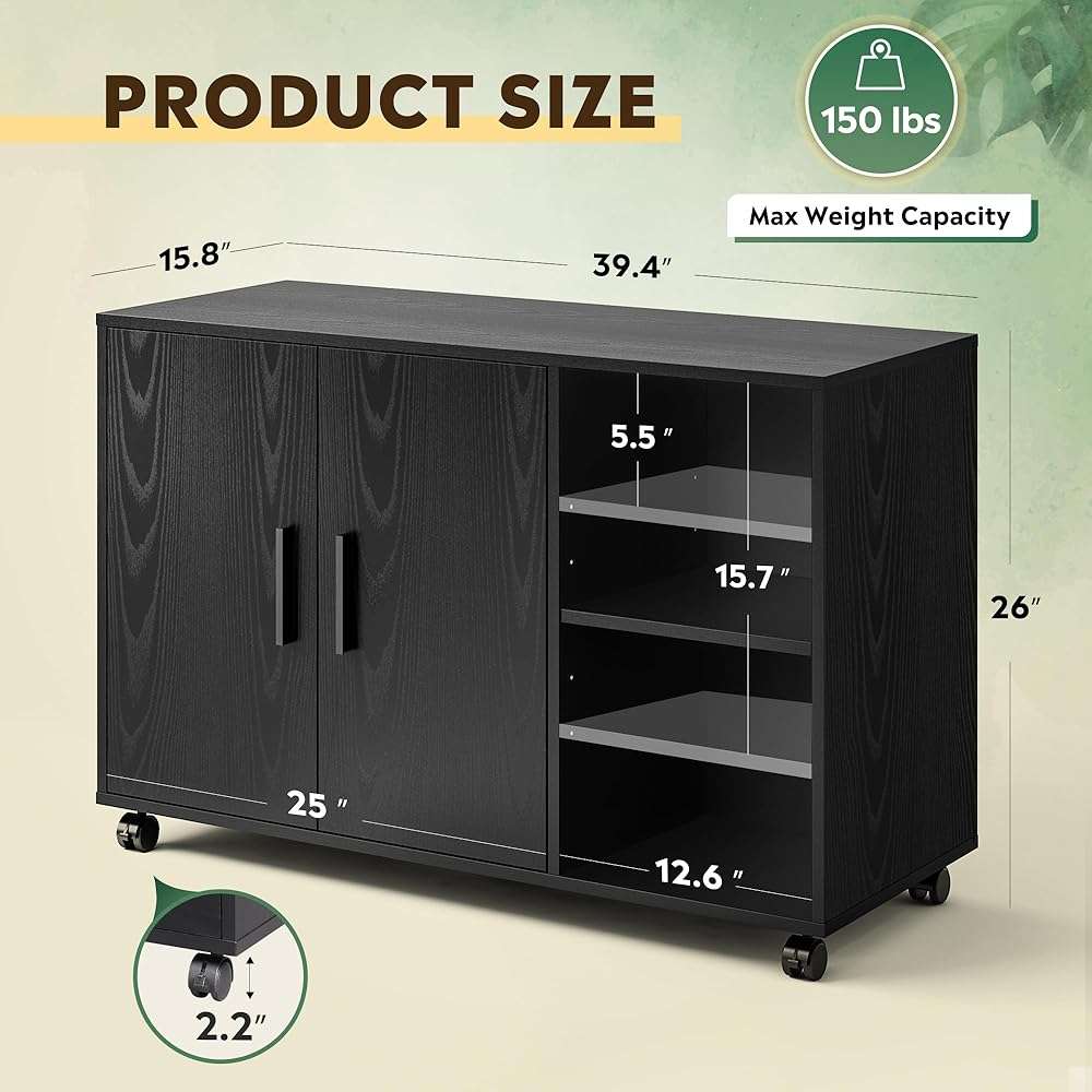 DEVAISE Office Storage Cabinet with Doors and Shelves, Lateral Printer Stand for Office Supplies and File Storage, Filing Cabinet for Home Office, Black - Image 3