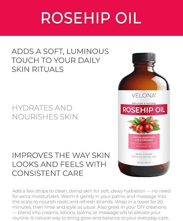 velona Rosehip Oil - 16 Fl Oz in Glass Bottle | 100% Pure and Natural Carrier Oil| Unrefined, Cold Pressed, Hexane Free | Moisturizing, Face, Hair, Body, Skin - Image 2