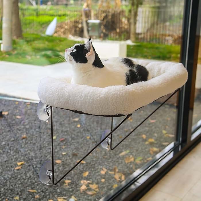 Zakkart Cat Window Perch - 100% Metal Supported from Below - Comes with Warm Spacious Pet Bed - Cat Window Hammock for Large Cats & Kittens - for Sunbathing, Napping & Overlooking (White) - Product Image