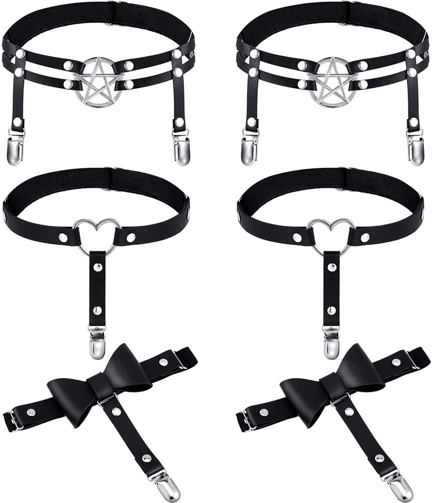Syhood 6 Pieces Thigh High Garter Belt Heart Star Shaped Butterfly Knot Punk Leg Garter with Anti Slip Clips Elastic Punk Gothic Adjustable Thigh Ring for Women - Product Image
