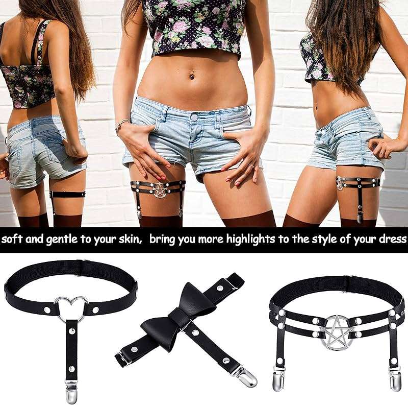 Syhood 6 Pieces Thigh High Garter Belt Heart Star Shaped Butterfly Knot Punk Leg Garter with Anti Slip Clips Elastic Punk Gothic Adjustable Thigh Ring for Women - Image 4