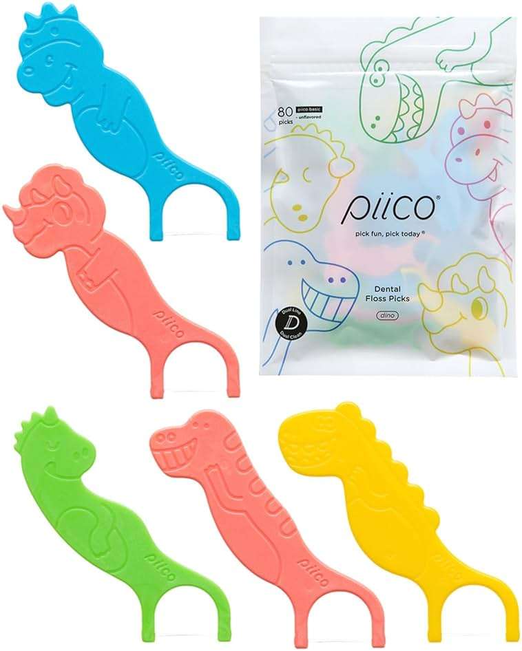 Piico Unflavored Kids Floss - No Fluoride Dual Line Dental Floss Picks - Fun Oral Care in Colorful Floss Sticks Design - Kids Flossers Avoid Tooth Decay & Gum Disease - 80 Count Dino - Image 1