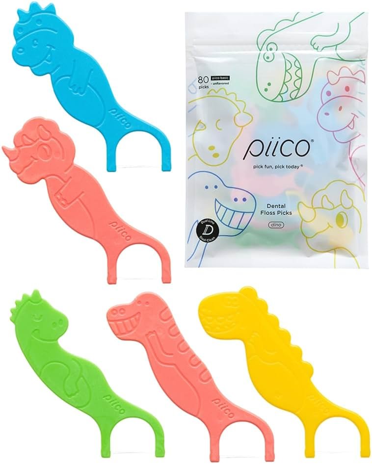 Piico Unflavored Kids Floss - No Fluoride Dual Line Dental Floss Picks - Fun Oral Care in Colorful Floss Sticks Design - Kids Flossers Avoid Tooth Decay & Gum Disease - 80 Count Dino - Product Image