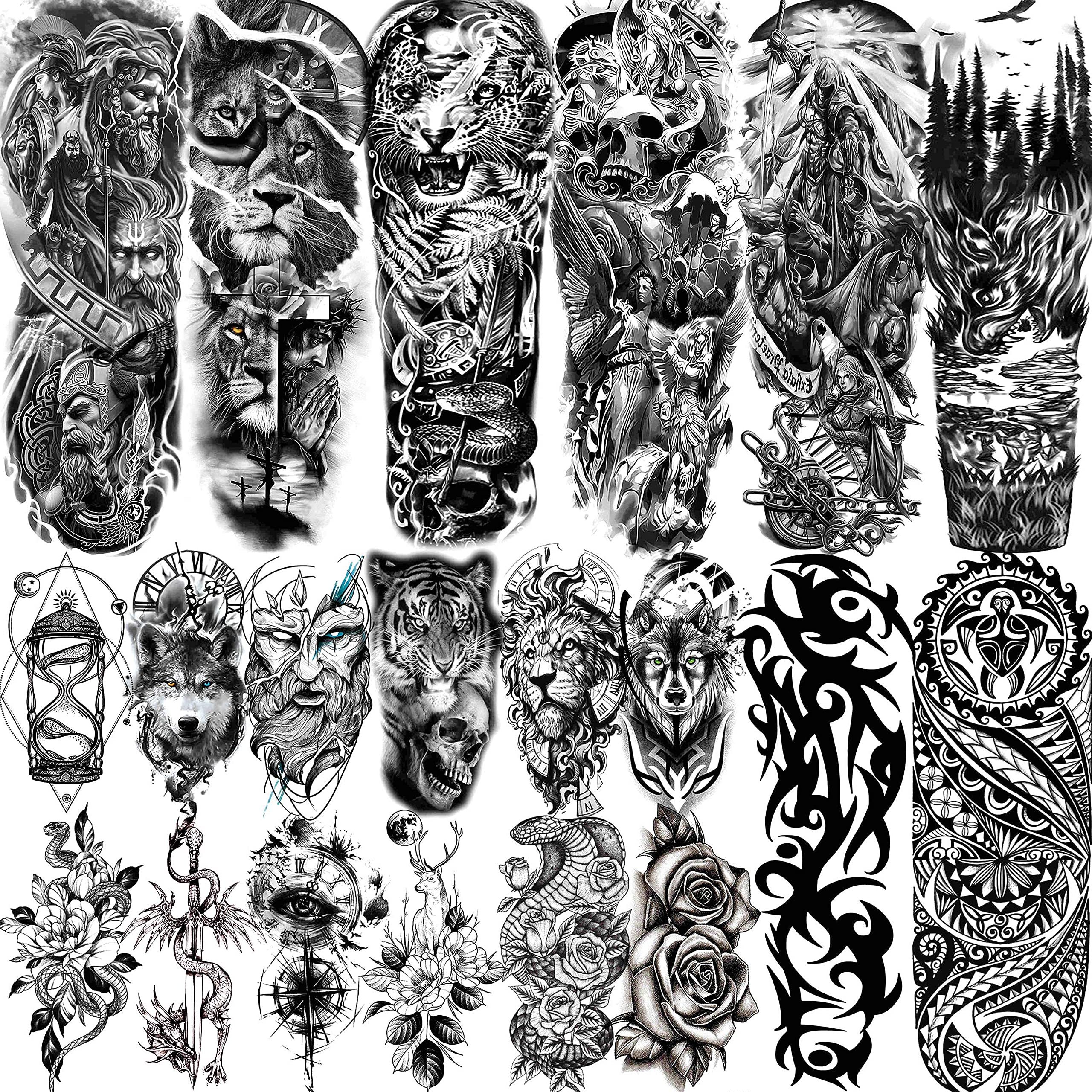 VANTATY 20 Sheets Extra Large Full Arm Temporary Tattoos For Men Adults, Tiger Snake Leopard Lion King Temporary Tattoos Sleeve For Women, Temp Waterproof Fake Tattoo Stickers For Kids Warrior Tatoos - Product Image