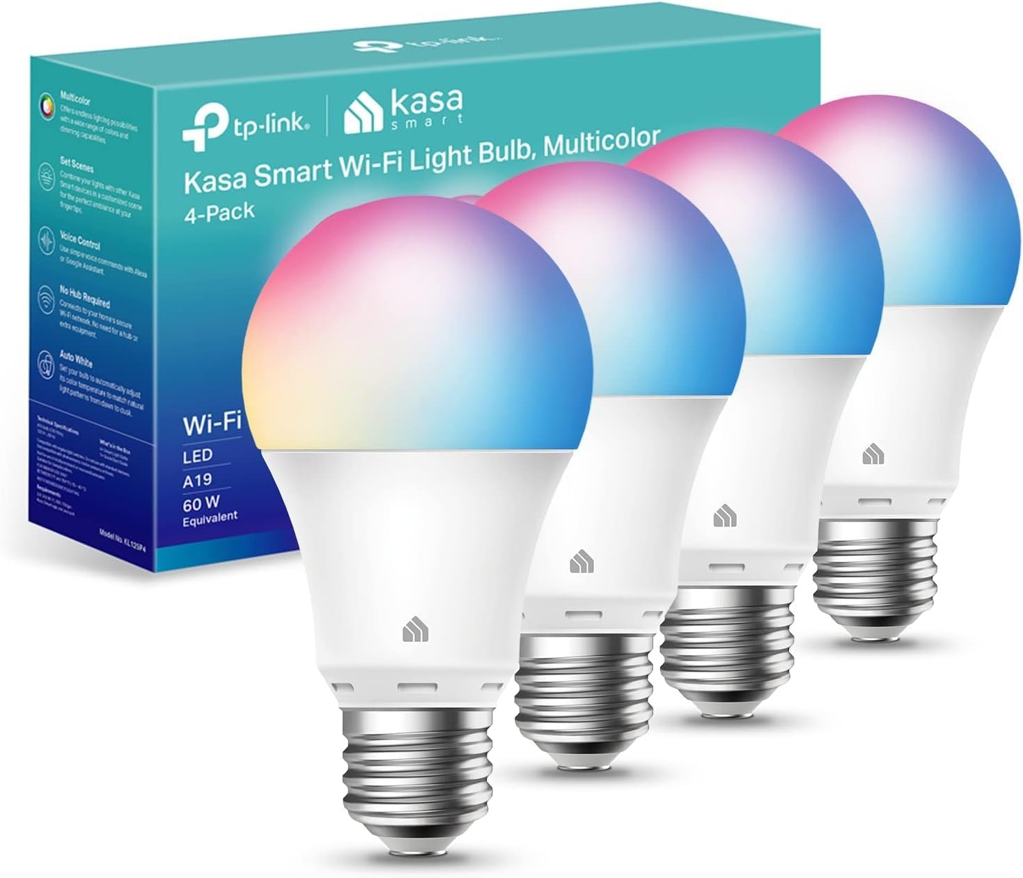 Kasa Smart Light Bulbs, Full Color Changing Dimmable Smart WiFi Bulbs Compatible with Alexa and Google Home, A19, 9W 800 Lumens,2.4Ghz only, No Hub Required, 4 Count (Pack of 1), Multicolor (KL125P4) - Product Image