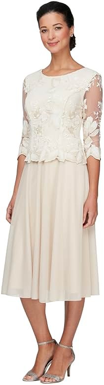 Alex Evenings Women's Tea Length Embroidered Bodice Mother of The Bride Gown, Wedding Guest Dress (Petite and Regular Sizes) - Product Image